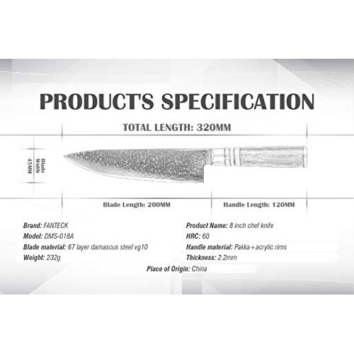 8 InchChef Knife,FANTECK Kitchen Knife VG10 Damascus Professiona...