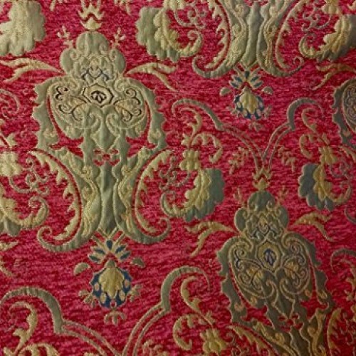 Chenille Damask Fabric, Color Red/gold, Sold By the Yard 58