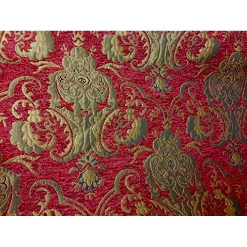 Chenille Damask Fabric, Color Red/gold, Sold By the Yard 58
