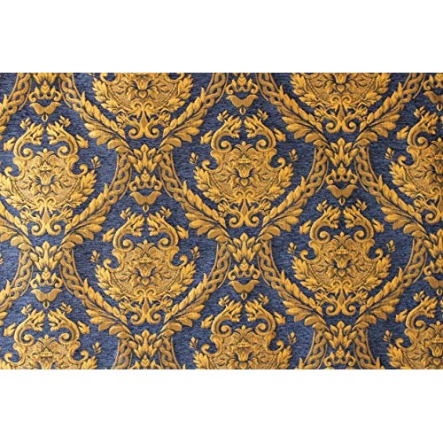 Damask Tapestry Chenille Fabric - Upholstery Fabric,Blue/Gold - 60...