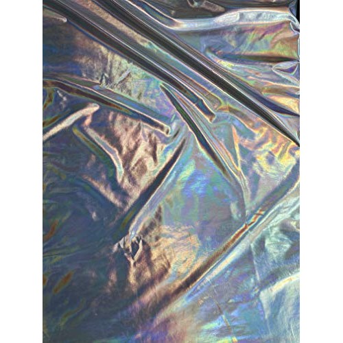 FabricLA Metallic Foil Lame Spandex Knit Fabric Silver Iridescent...