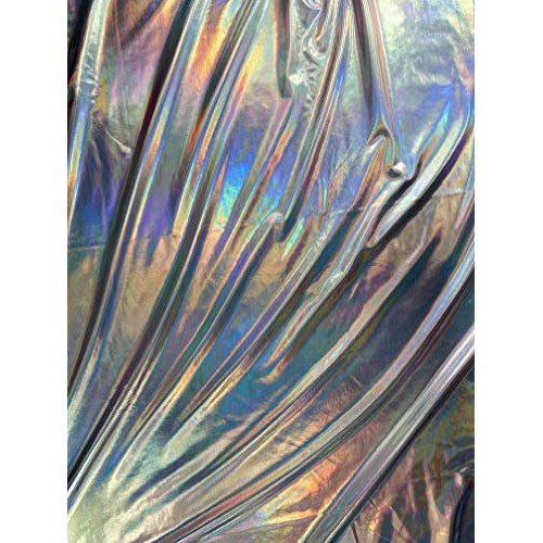 FabricLA Metallic Foil Lame Spandex Knit Fabric Silver Iridescent...
