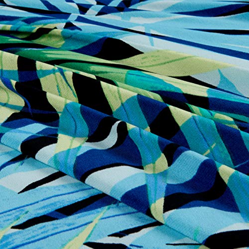 Fabtrends ITY Knit Tropical Palm Leaves Blue Fabric by The Yard