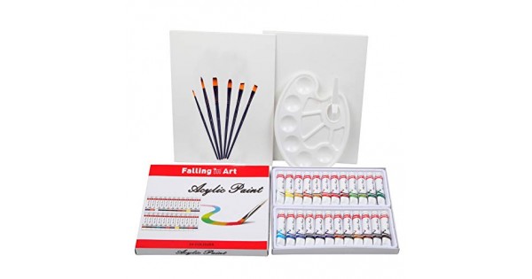 Falling in Art 34 pcs Acrylic Painting Tubes Great for The Professional Artist and Kids Acrylic Paint Set Drawing Set with Canvas panels 6 Brushes 10-Well Plastic Palette