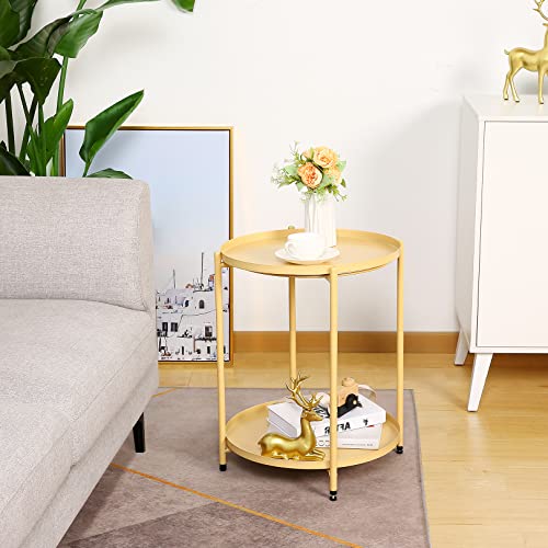 farexon 2-Tier Gold Side Table, Metal Small Outdoor Side Table wit...