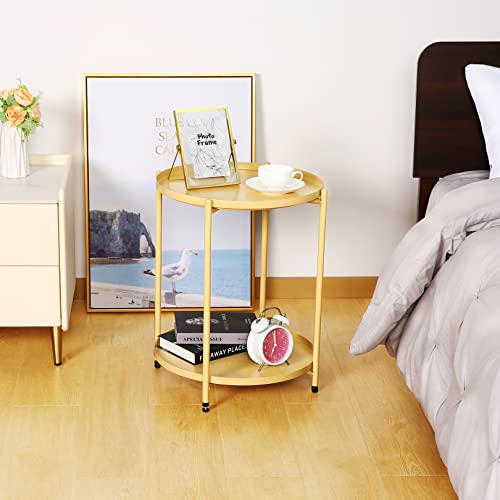 farexon 2-Tier Gold Side Table, Metal Small Outdoor Side Table wit...