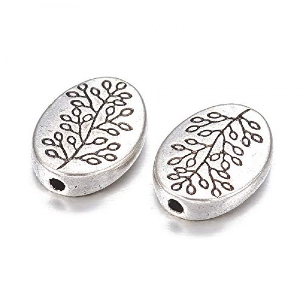 Fashewelry 50Pcs Antique Silver Oval with Leaf Spacer Beads 14x10m...