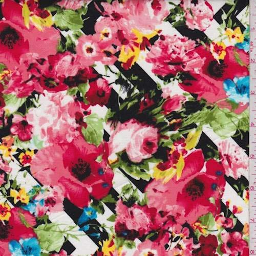 Black/White/Coral Chevron Floral Poplin, Fabric by The Yard