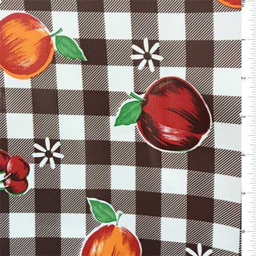 Fruit & Daisy Checkered Oilcloth, Fabric By the Yard Brown