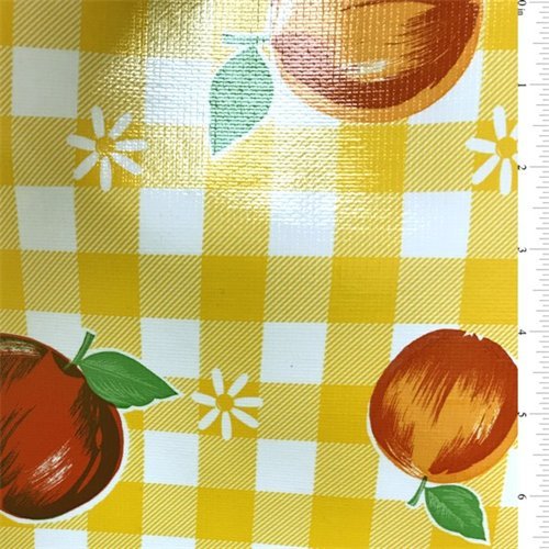 Fruit & Daisy Checkered Oilcloth, Fabric By the Yard Yellow