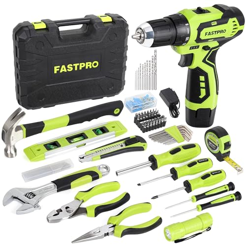 FASTPRO 160-Piece Home Tool kit with Drill, 12V Cordless Lithium-i...