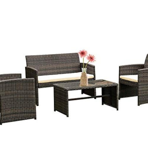 FDW 4 Pieces Outdoor Patio Furniture Sets Rattan Chair Patio Set W...