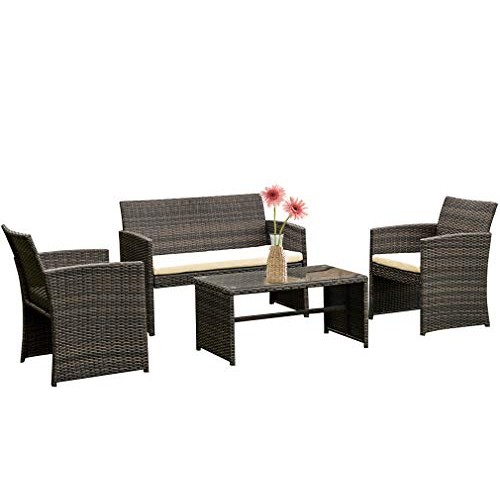 FDW 4 Pieces Outdoor Patio Furniture Sets Rattan Chair Patio Set W...