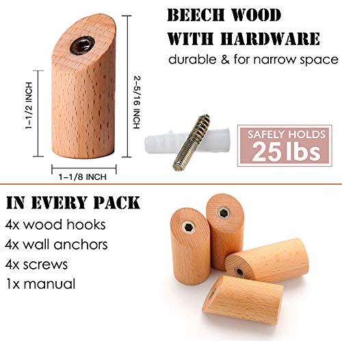 Felidio Wood Wall Hooks, 4 Pack Coat Hooks Wall Mounted Rustic Woo...