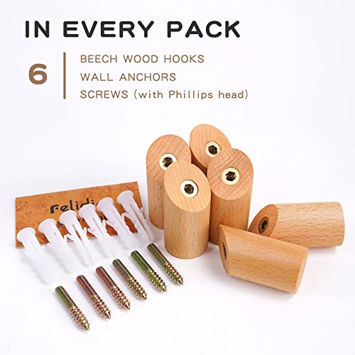 Wood Wall Hook, 6 Pack Natural Wooden Coat Hooks Wall Mounted | Fe...