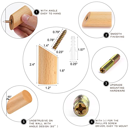Wood Wall Hook, 6 Pack Natural Wooden Coat Hooks Wall Mounted | Fe...
