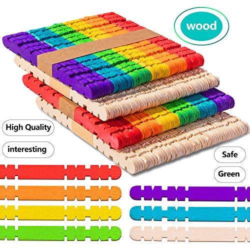 200 Pcs Sawtooth Wood Craft Sticks, Colorful and Natural Wooden Po...