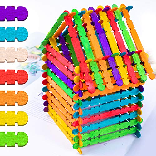 200 Pcs Sawtooth Wood Craft Sticks, Colorful and Natural Wooden Po...