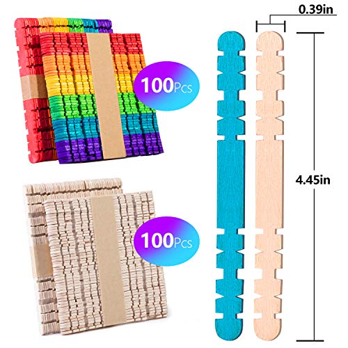 200 Pcs Sawtooth Wood Craft Sticks, Colorful and Natural Wooden Po...