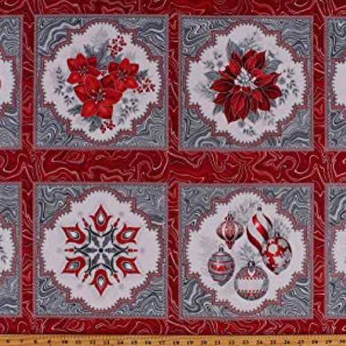 23 X 44 Panel Poinsettias Christmas Ornaments Red Silver Marbled...