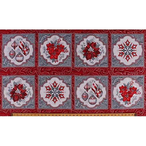 23 X 44 Panel Poinsettias Christmas Ornaments Red Silver Marbled...