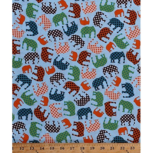 60 Cotton Elephants Green Orange Brown Animals on Blue Robert Kau...