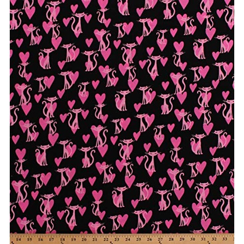 60 Cotton Pink Cats Hearts Bling Kitty Pets Animals on Black Vale...