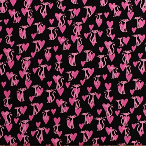 60 Cotton Pink Cats Hearts Bling Kitty Pets Animals on Black Vale...