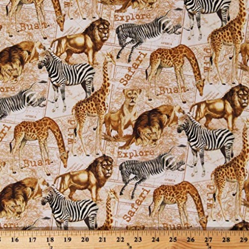 Cotton African Safari Animals Lions Zebras Giraffes Bush Africa Ma...