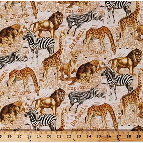 Cotton African Safari Animals Lions Zebras Giraffes Bush Africa Ma...