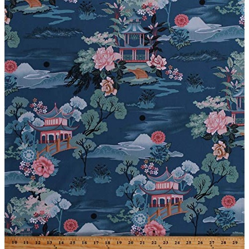 Cotton Asian Exotic Floral Flowers Chinese Buildings Mountains Ros...