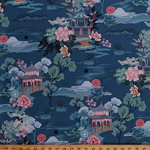 Cotton Asian Exotic Floral Flowers Chinese Buildings Mountains Ros...