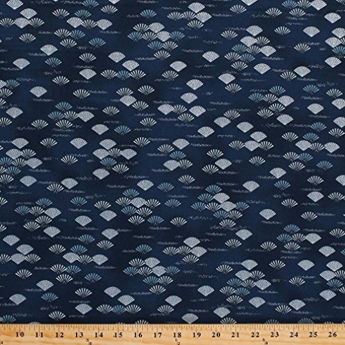 Cotton Asian Fans Blue Silver Metallic Shimmer Imperial Collection...