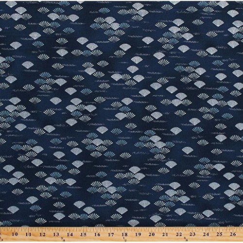 Cotton Asian Fans Blue Silver Metallic Shimmer Imperial Collection...