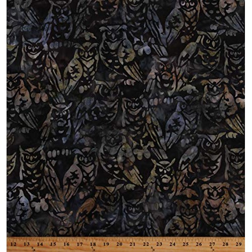 Cotton Batik Owls Birds Brown Gray Charcoal Wildlife Sanctuary 5 C...