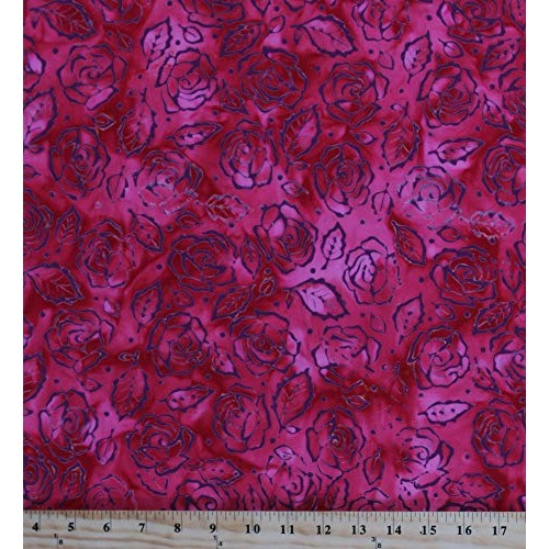 Cotton Batik Roses and Thorns Flowers Floral on Red Pink Valentine...