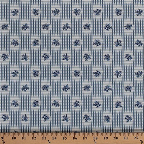 Cotton Blue Flowers Flower Bouquets Nosegays Floral Stripes Checks...