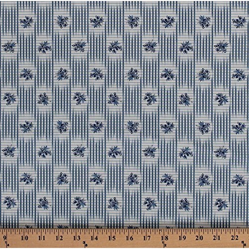 Cotton Blue Flowers Flower Bouquets Nosegays Floral Stripes Checks...