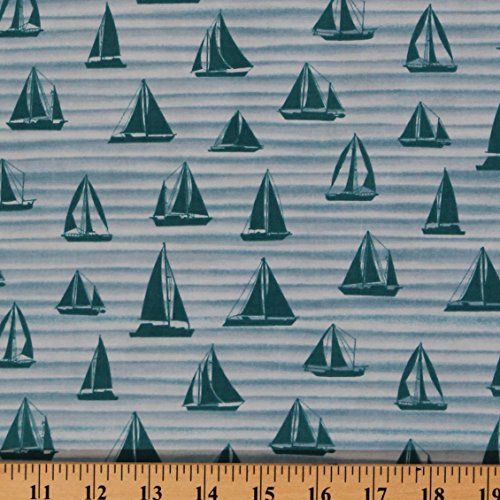 Cotton By The Sea Sailboat Sailing Blue Striped Ocean Cotton Fabri...