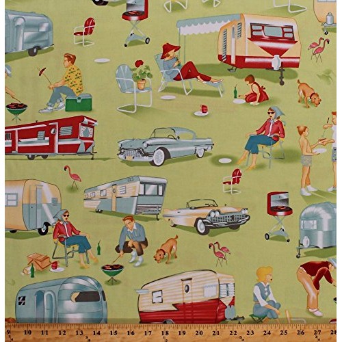 Cotton Camping Retro Campers Trailers Classic Cars Barbecue BBQ Gr...