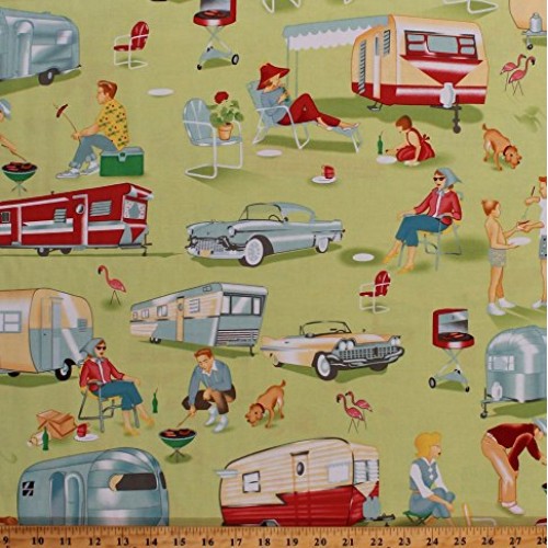Cotton Camping Retro Campers Trailers Classic Cars Barbecue BBQ Gr...