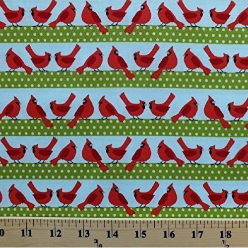 Cotton Cardinals Birds Stripes Polka Dots Festive Christmas Winter...