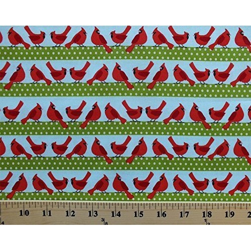 Cotton Cardinals Birds Stripes Polka Dots Festive Christmas Winter...