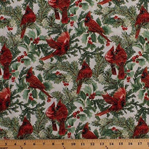 Cotton Cardinals Christmas Birds Holly Leaves Berries Evergreen Br...