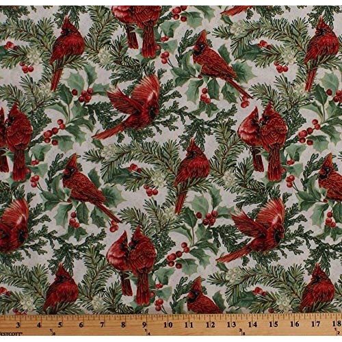 Cotton Cardinals Christmas Birds Holly Leaves Berries Evergreen Br...