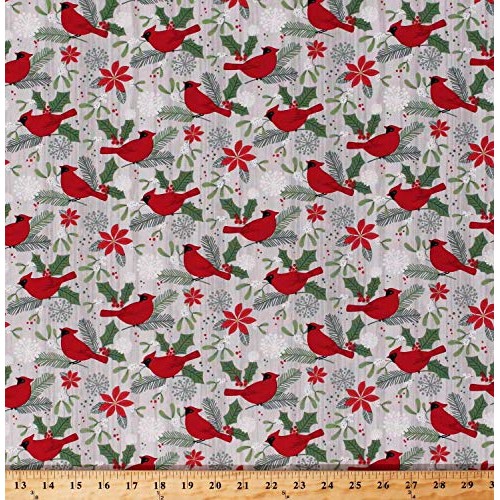 Cotton Cardinals Winter Birds Holly Leaves Berries Snowflakes on G...