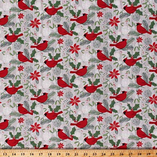 Cotton Cardinals Winter Birds Holly Leaves Berries Snowflakes on G...