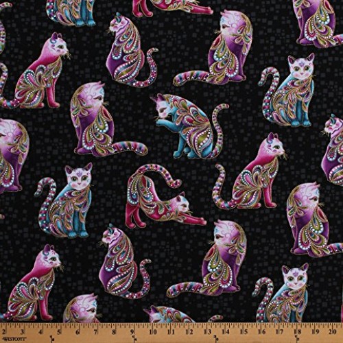 Cotton Cats Animals Feline Paisleys Gold Metallic Shimmer Whimsica...