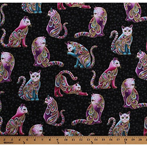 Cotton Cats Animals Feline Paisleys Gold Metallic Shimmer Whimsica...