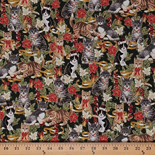 Cotton Christmas Cats Kittens Holiday Ribbons Bells Flowers Poinse...